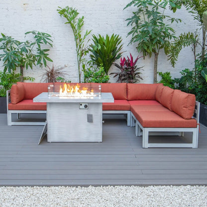 Chelsea 7-Piece Patio Sectional And Fire Pit Table In Weathered Grey Aluminum With Cushions - Elax Furniture