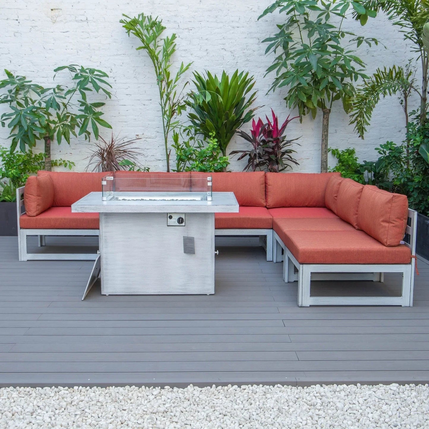 Chelsea 7-Piece Patio Sectional And Fire Pit Table In Weathered Grey Aluminum With Cushions - Elax Furniture