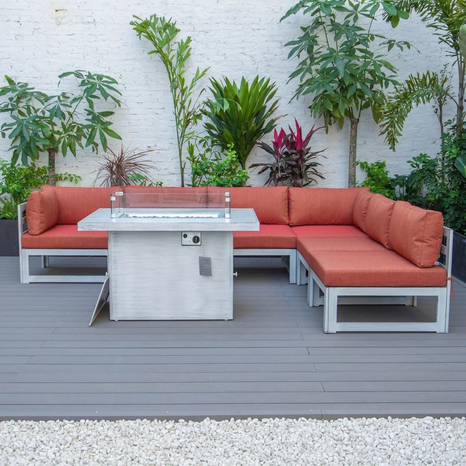 Chelsea 7-Piece Patio Sectional And Fire Pit Table In Weathered Grey Aluminum With Cushions - Elax Furniture
