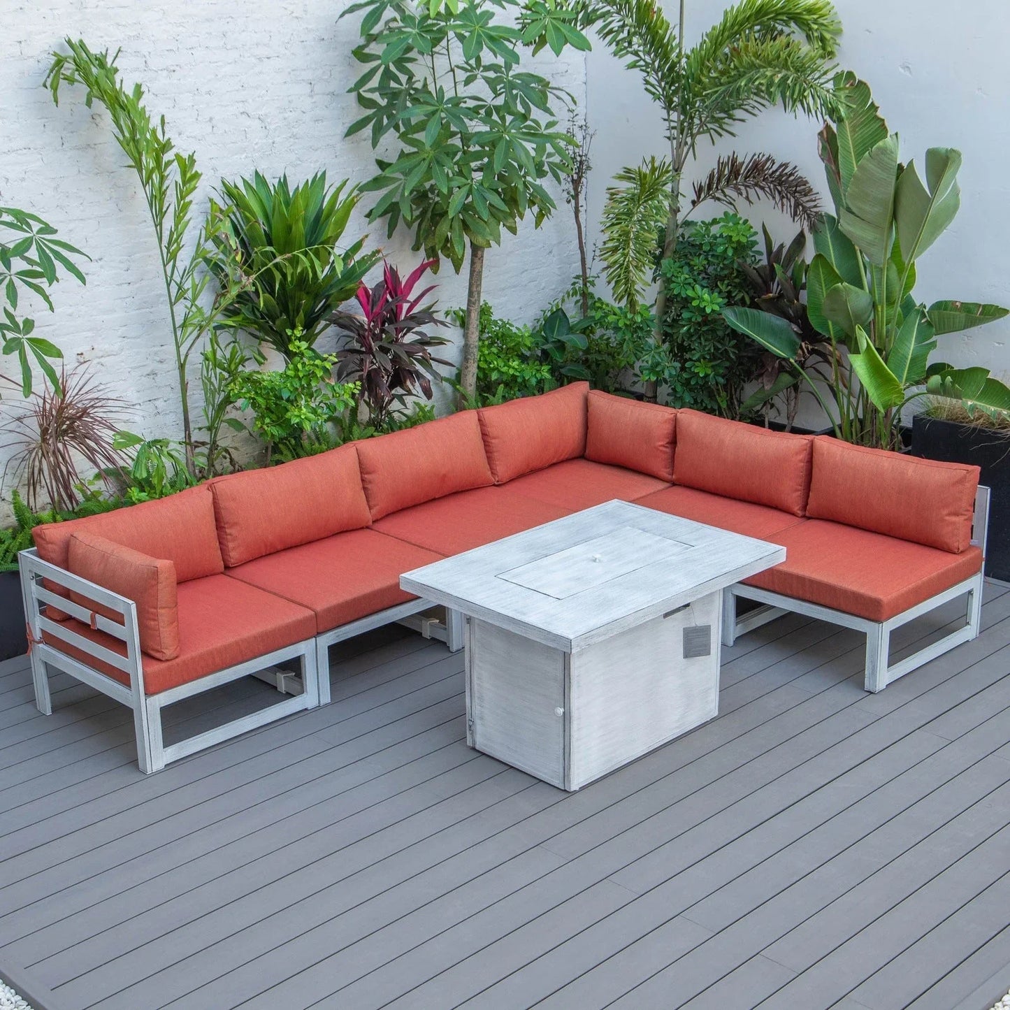 Chelsea 7-Piece Patio Sectional And Fire Pit Table In Weathered Grey Aluminum With Cushions - Elax Furniture