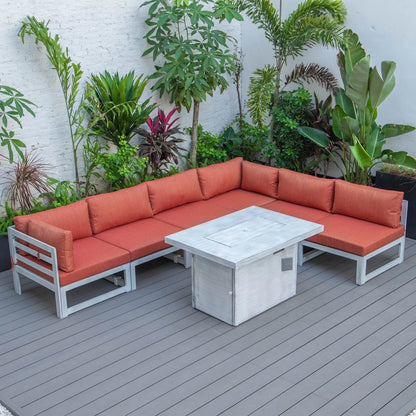 Chelsea 7-Piece Patio Sectional And Fire Pit Table In Weathered Grey Aluminum With Cushions - Elax Furniture