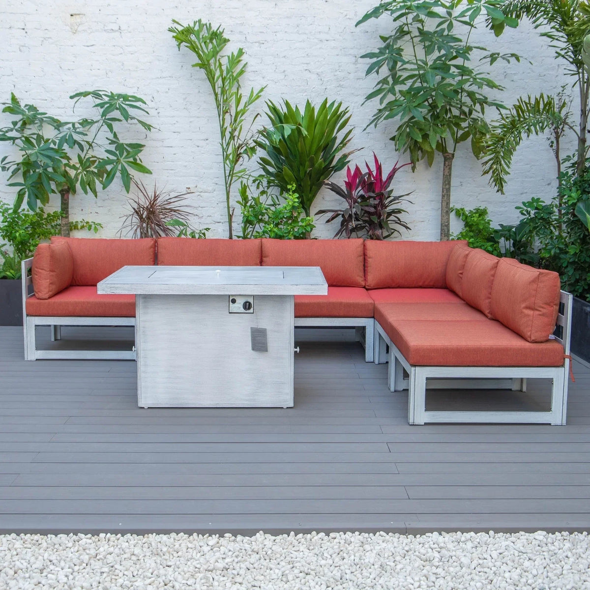 Chelsea 7-Piece Patio Sectional And Fire Pit Table In Weathered Grey Aluminum With Cushions - Elax Furniture