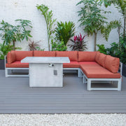 Chelsea 7-Piece Patio Sectional And Fire Pit Table In Weathered Grey Aluminum With Cushions - Elax Furniture