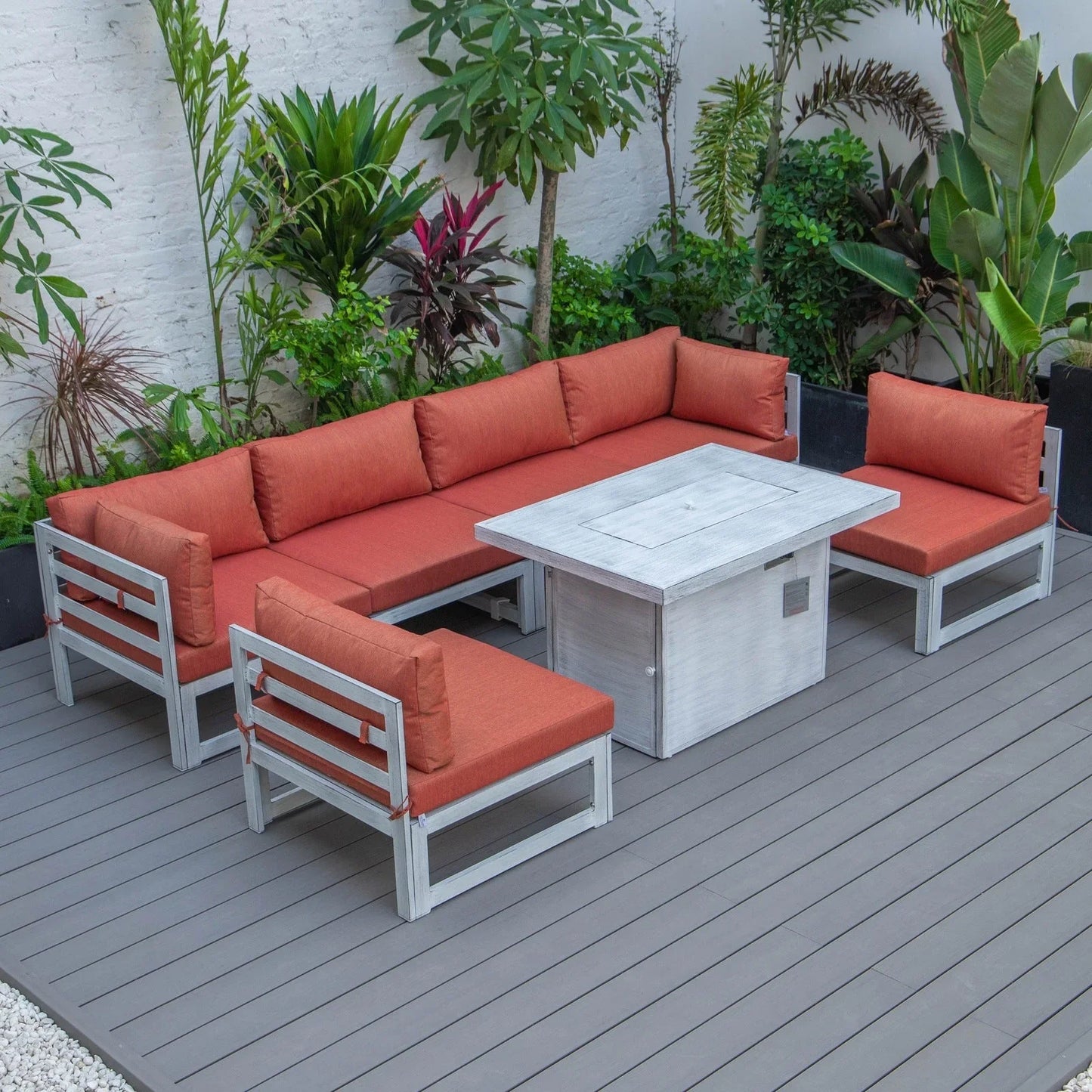 Chelsea 7-Piece Patio Sectional And Fire Pit Table In Weathered Grey Aluminum With Cushions - Elax Furniture