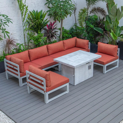Chelsea 7-Piece Patio Sectional And Fire Pit Table In Weathered Grey Aluminum With Cushions - Elax Furniture