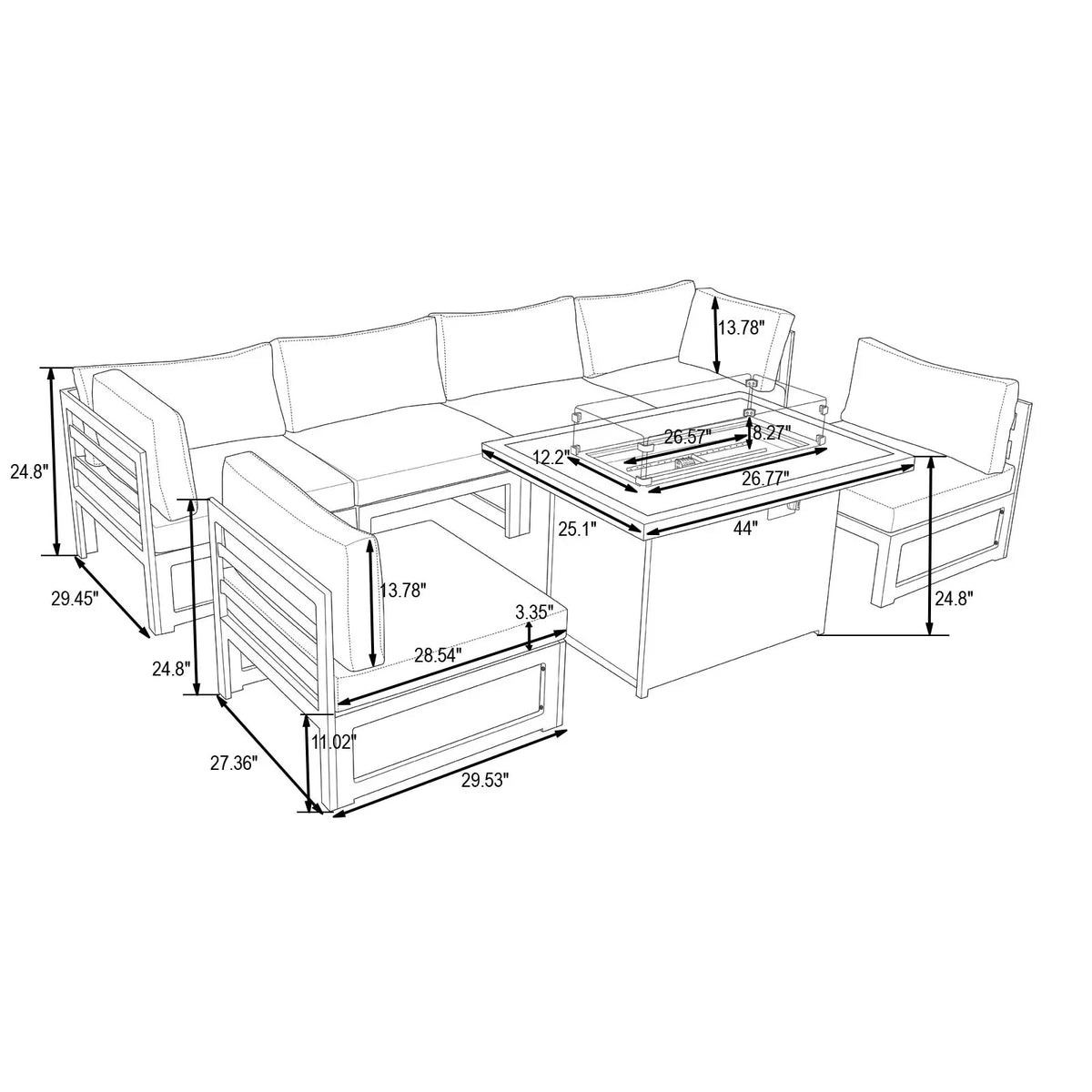 Chelsea 7-Piece Patio Sectional And Fire Pit Table In Weathered Grey Aluminum With Cushions - Elax Furniture
