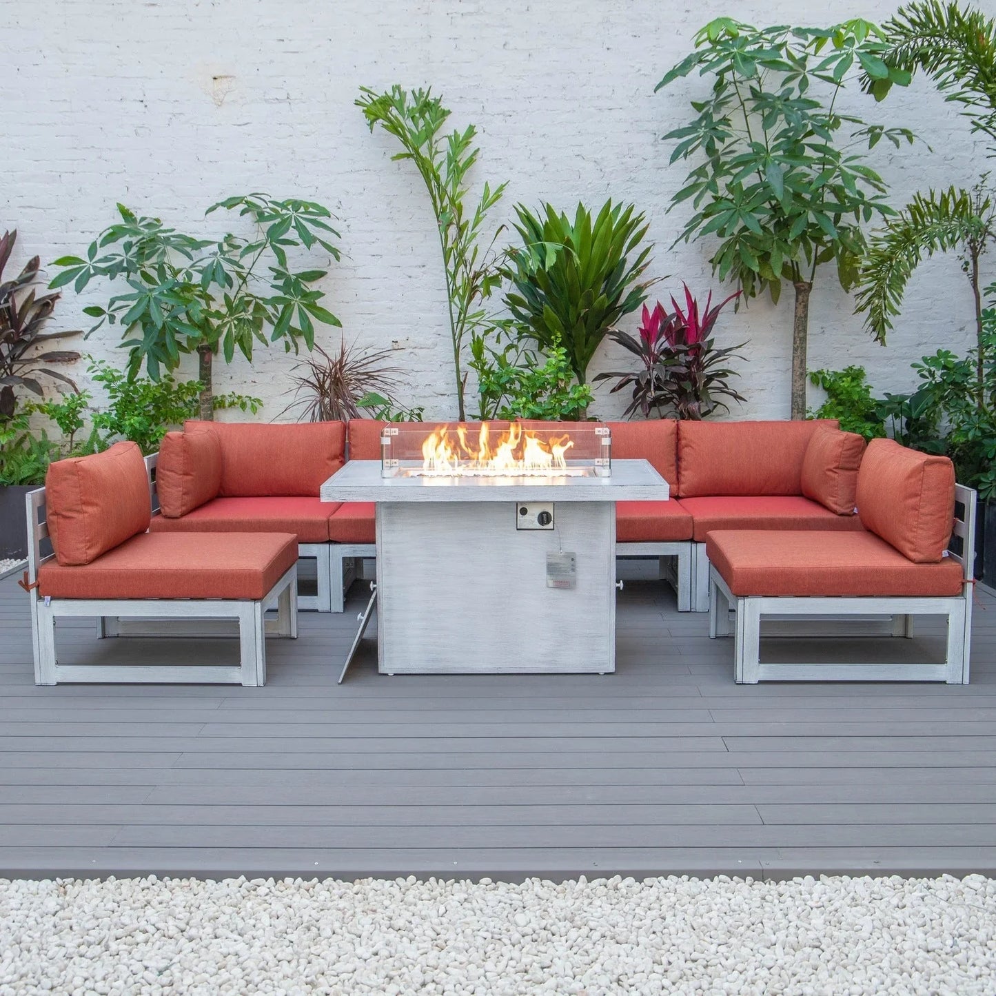Chelsea 7-Piece Patio Sectional And Fire Pit Table In Weathered Grey Aluminum With Cushions - Elax Furniture