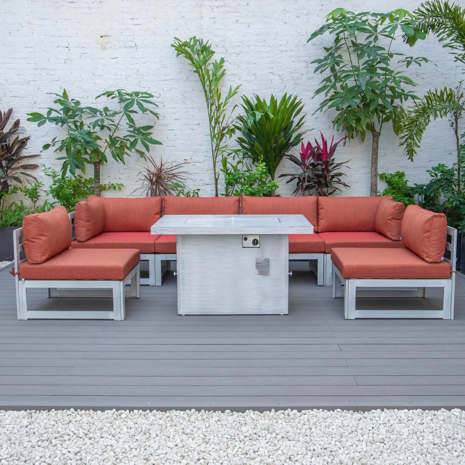 Chelsea 7-Piece Patio Sectional And Fire Pit Table In Weathered Grey Aluminum With Cushions - Elax Furniture