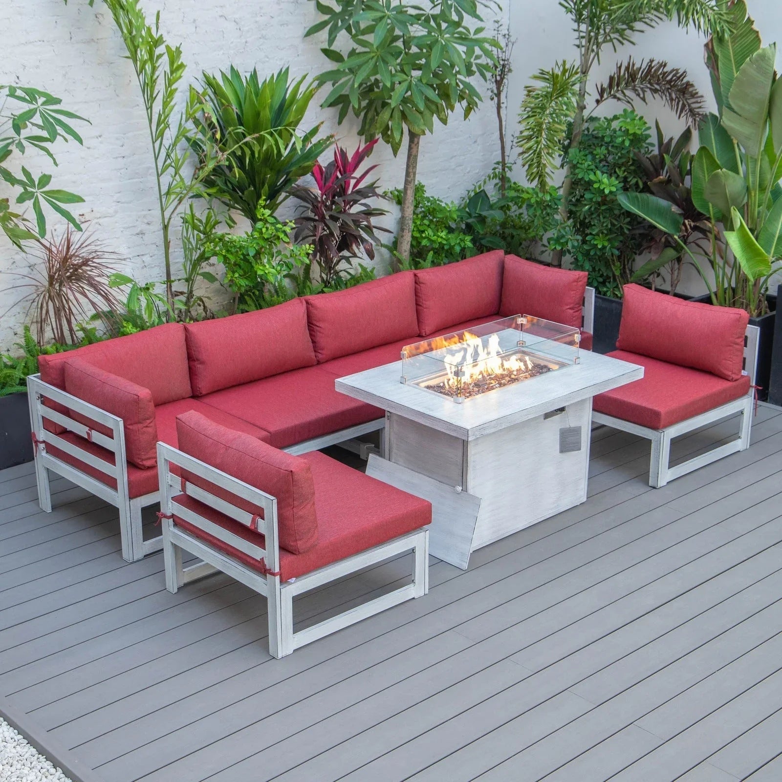 Chelsea 7-Piece Patio Sectional And Fire Pit Table In Weathered Grey Aluminum With Cushions - Elax Furniture