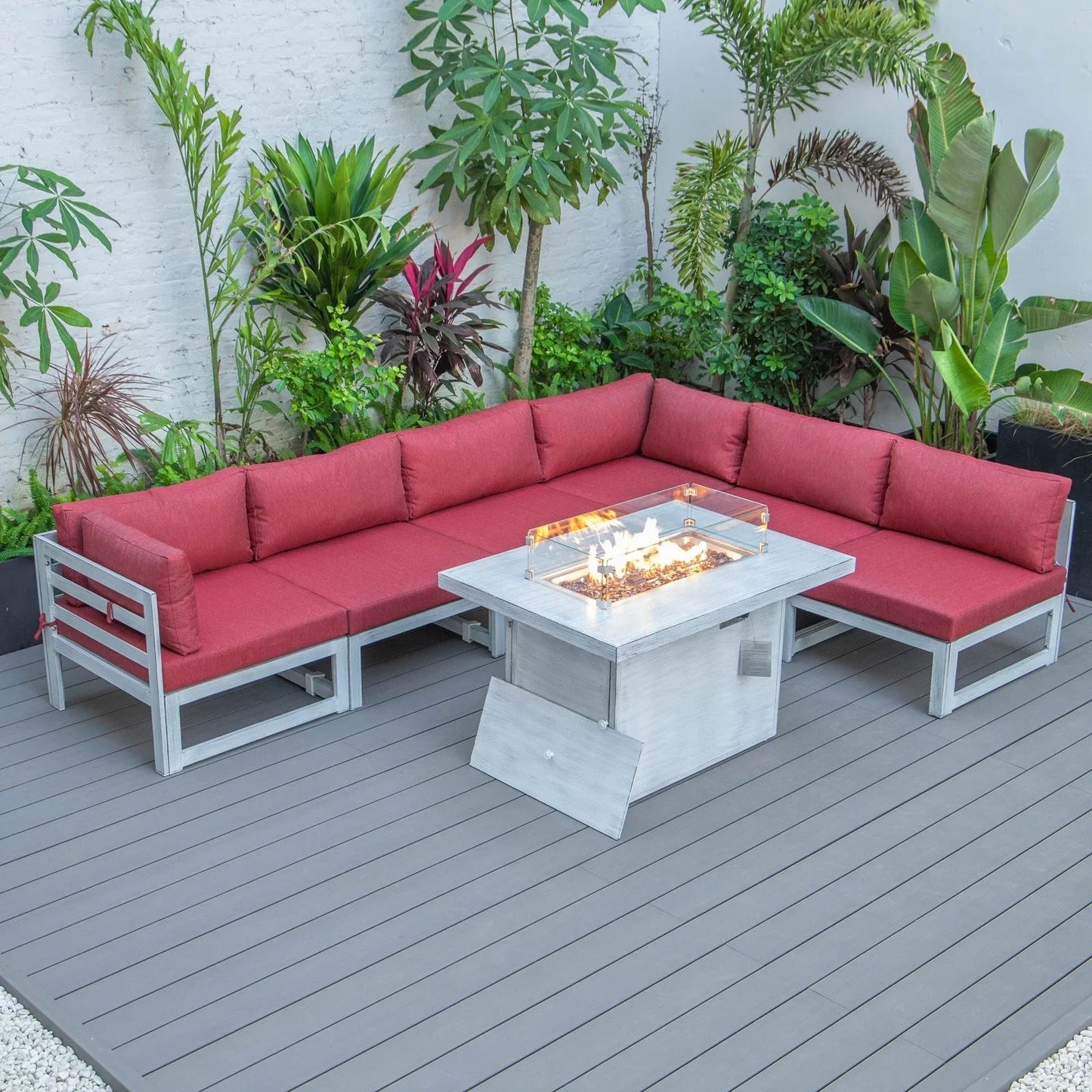 Chelsea 7-Piece Patio Sectional And Fire Pit Table In Weathered Grey Aluminum With Cushions - Elax Furniture