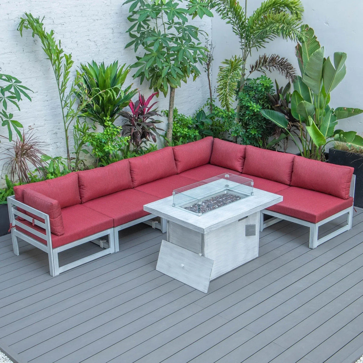 Chelsea 7-Piece Patio Sectional And Fire Pit Table In Weathered Grey Aluminum With Cushions - Elax Furniture