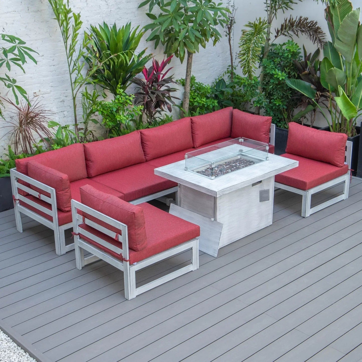 Chelsea 7-Piece Patio Sectional And Fire Pit Table In Weathered Grey Aluminum With Cushions - Elax Furniture