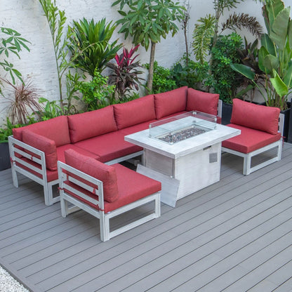 Chelsea 7-Piece Patio Sectional And Fire Pit Table In Weathered Grey Aluminum With Cushions - Elax Furniture