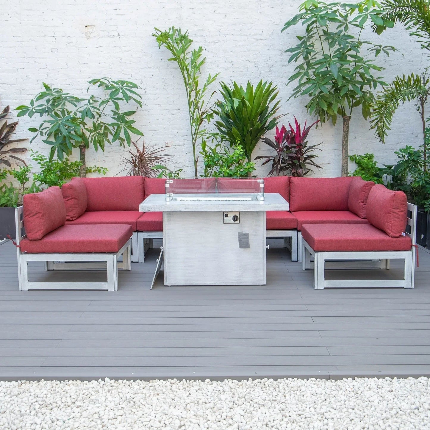 Chelsea 7-Piece Patio Sectional And Fire Pit Table In Weathered Grey Aluminum With Cushions - Elax Furniture
