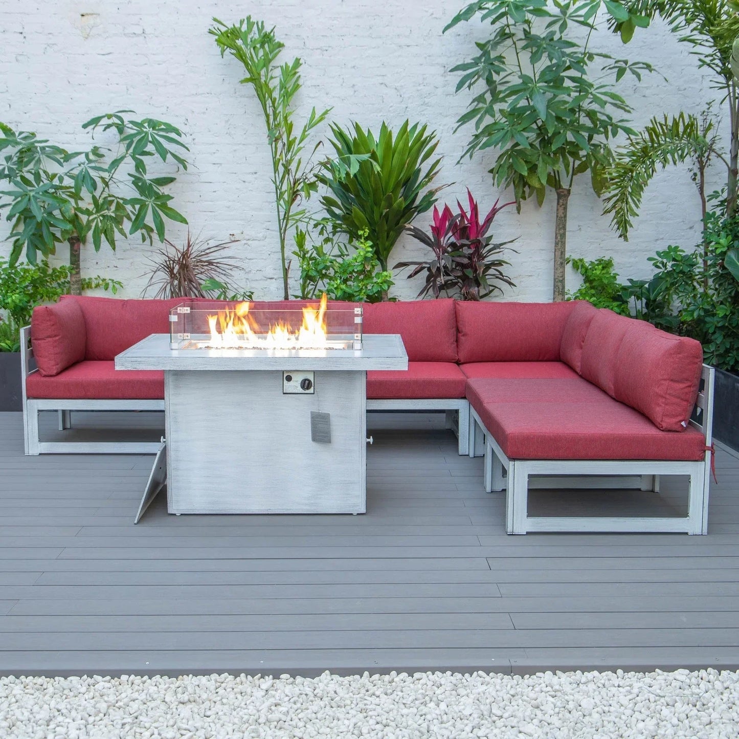 Chelsea 7-Piece Patio Sectional And Fire Pit Table In Weathered Grey Aluminum With Cushions - Elax Furniture