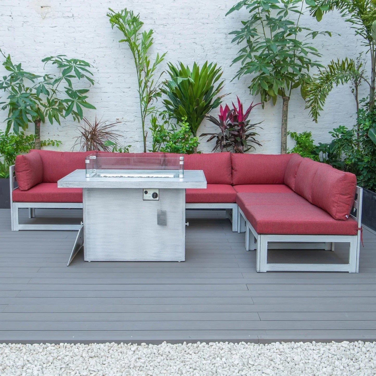 Chelsea 7-Piece Patio Sectional And Fire Pit Table In Weathered Grey Aluminum With Cushions - Elax Furniture