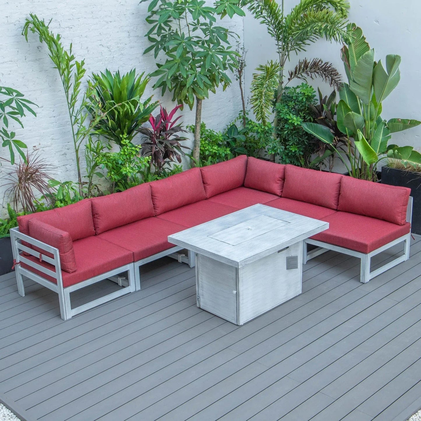 Chelsea 7-Piece Patio Sectional And Fire Pit Table In Weathered Grey Aluminum With Cushions - Elax Furniture