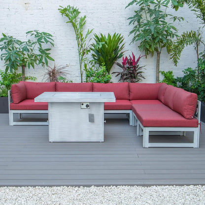 Chelsea 7-Piece Patio Sectional And Fire Pit Table In Weathered Grey Aluminum With Cushions - Elax Furniture