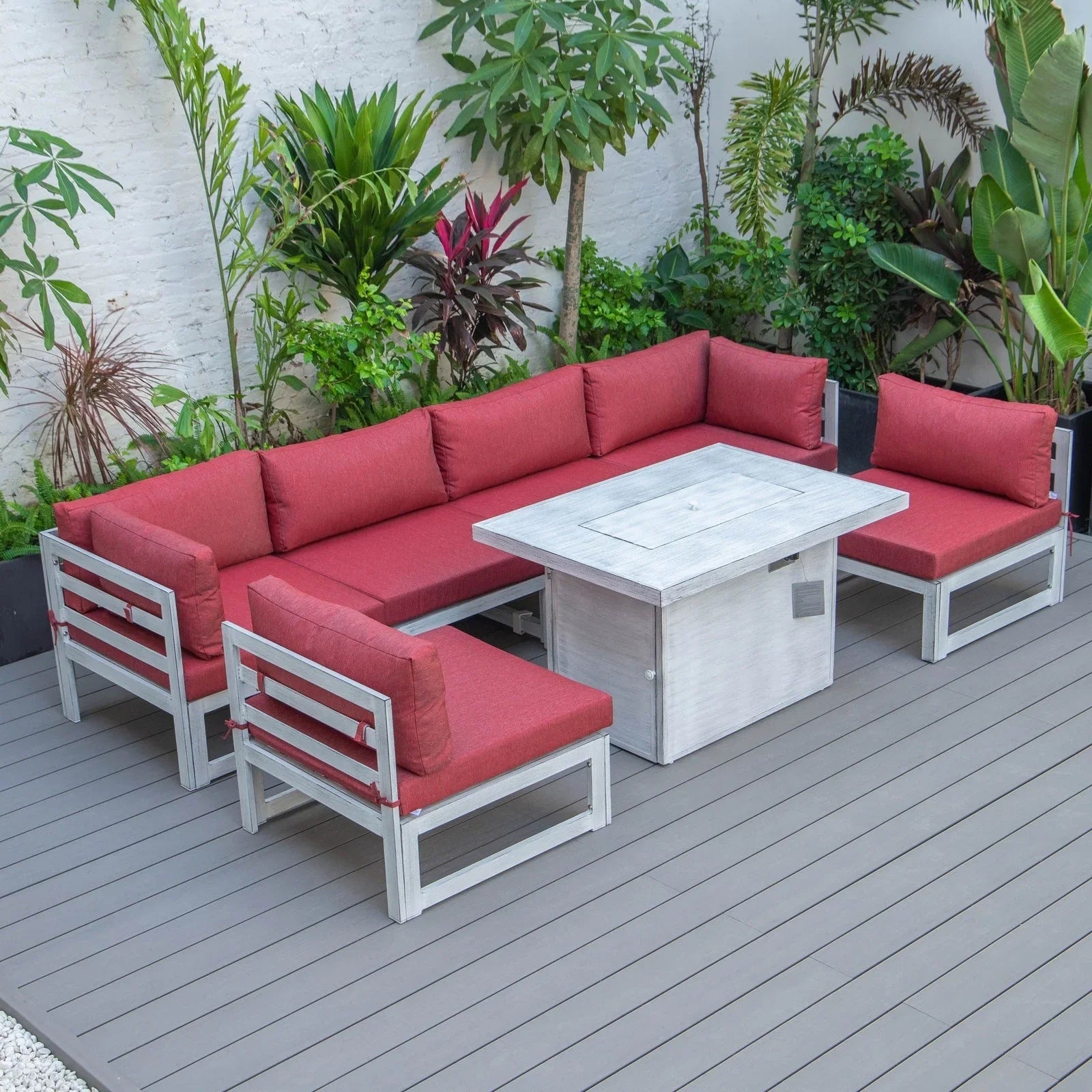 Chelsea 7-Piece Patio Sectional And Fire Pit Table In Weathered Grey Aluminum With Cushions - Elax Furniture