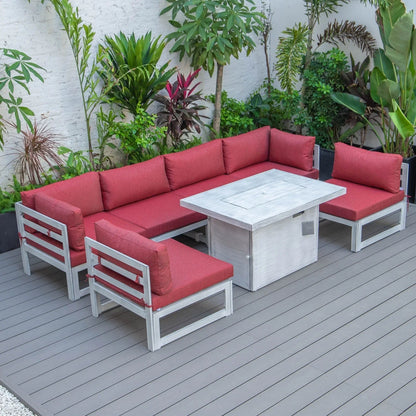 Chelsea 7-Piece Patio Sectional And Fire Pit Table In Weathered Grey Aluminum With Cushions - Elax Furniture