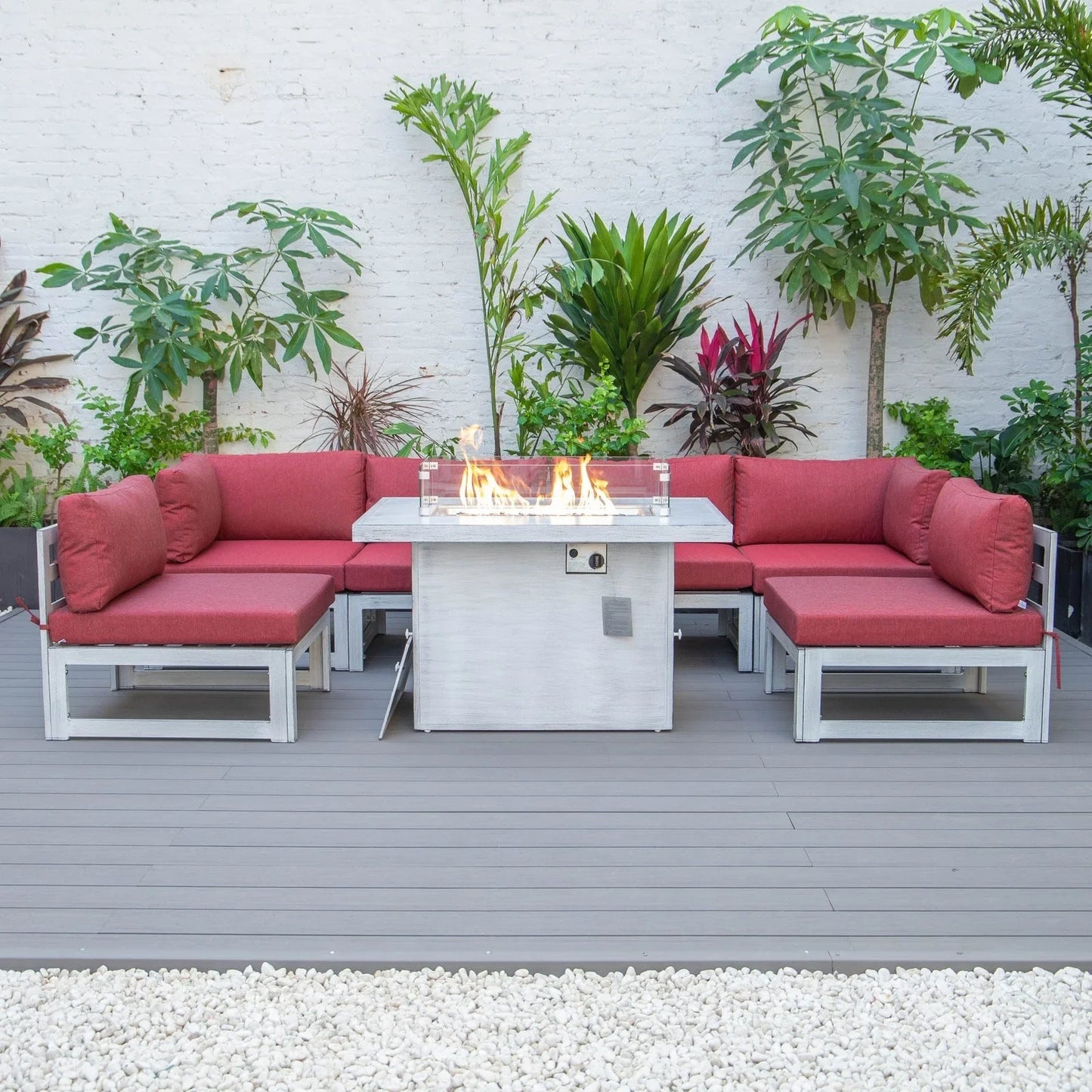 Chelsea 7-Piece Patio Sectional And Fire Pit Table In Weathered Grey Aluminum With Cushions - Elax Furniture