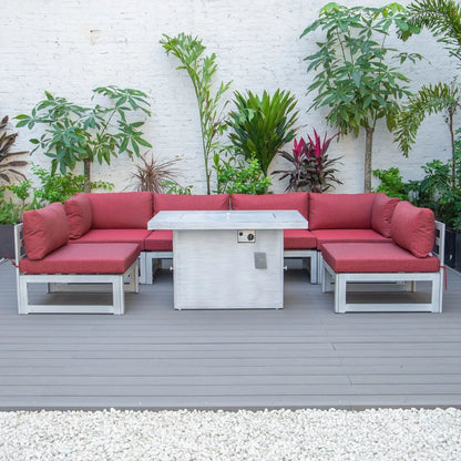 Chelsea 7-Piece Patio Sectional And Fire Pit Table In Weathered Grey Aluminum With Cushions - Elax Furniture