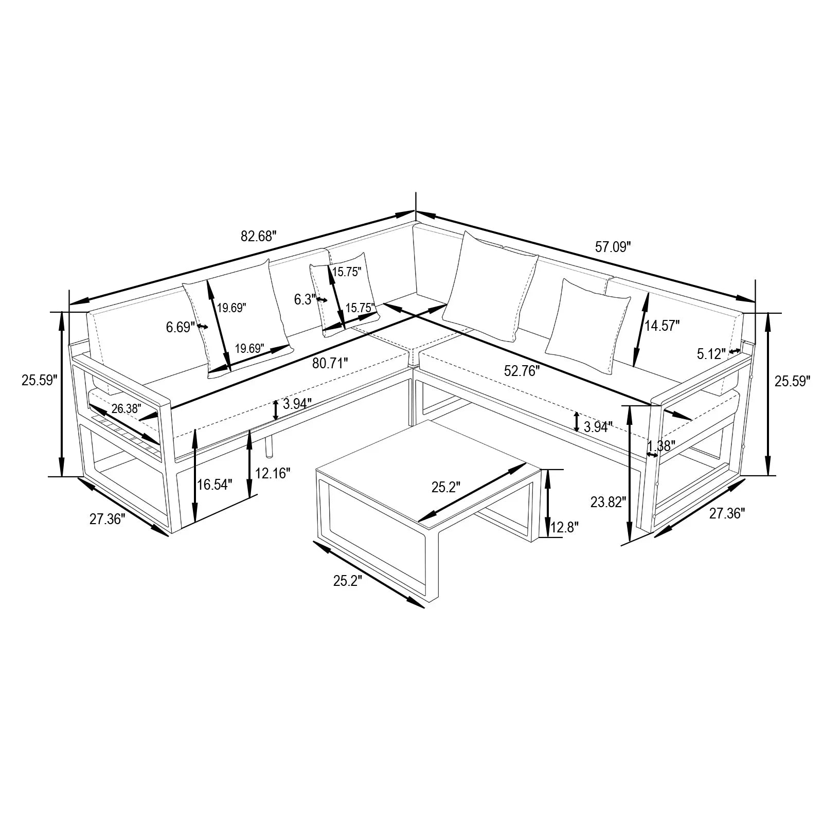Chelsea Black Sectional With Adjustable Headrest & Coffee Table With Cushions - Elax Furniture
