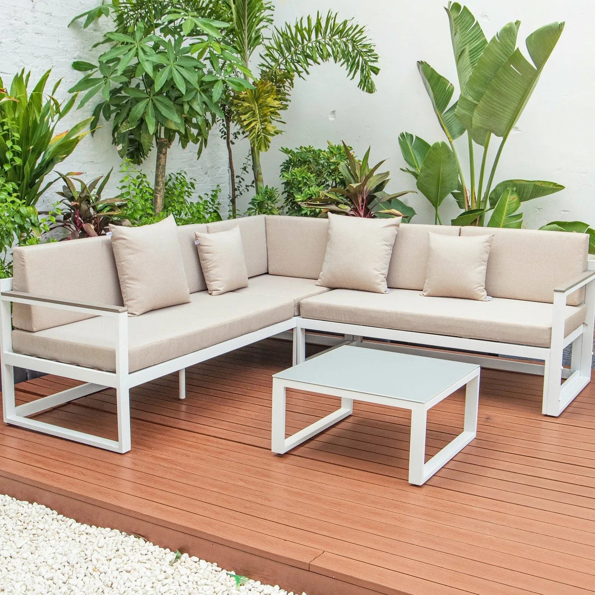 Chelsea White Sectional With Adjustable Headrest & Coffee Table With Cushions - Elax Furniture