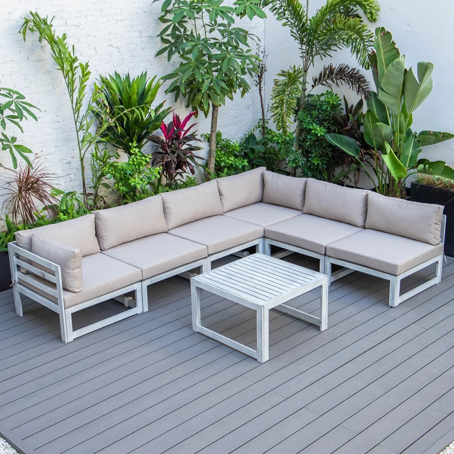 Chelsea 7-Piece Patio Sectional And Coffee Table Set In Weathered Grey Aluminum With Cushions - Elax Furniture