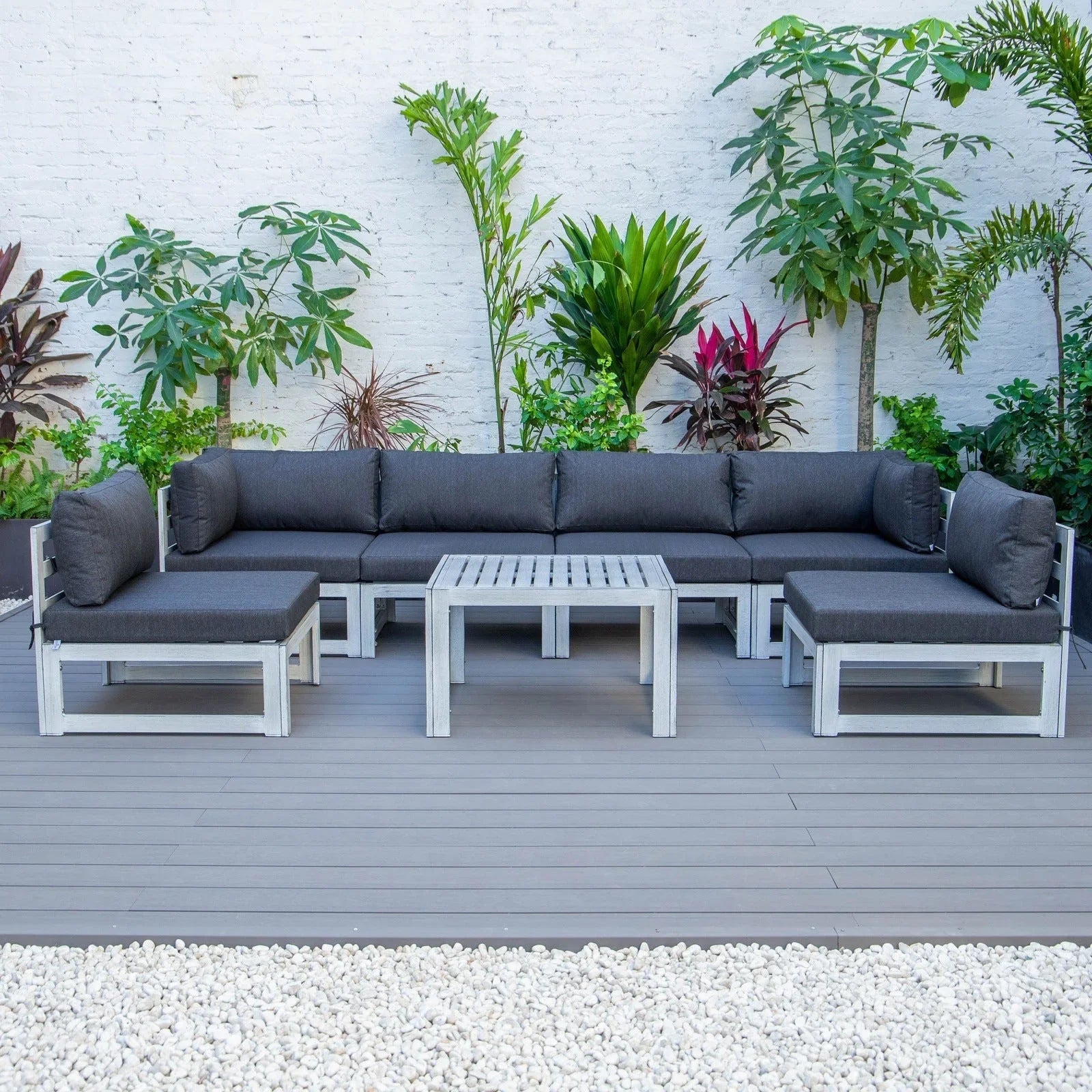 Chelsea 7-Piece Patio Sectional And Coffee Table Set In Weathered Grey Aluminum With Cushions - Elax Furniture