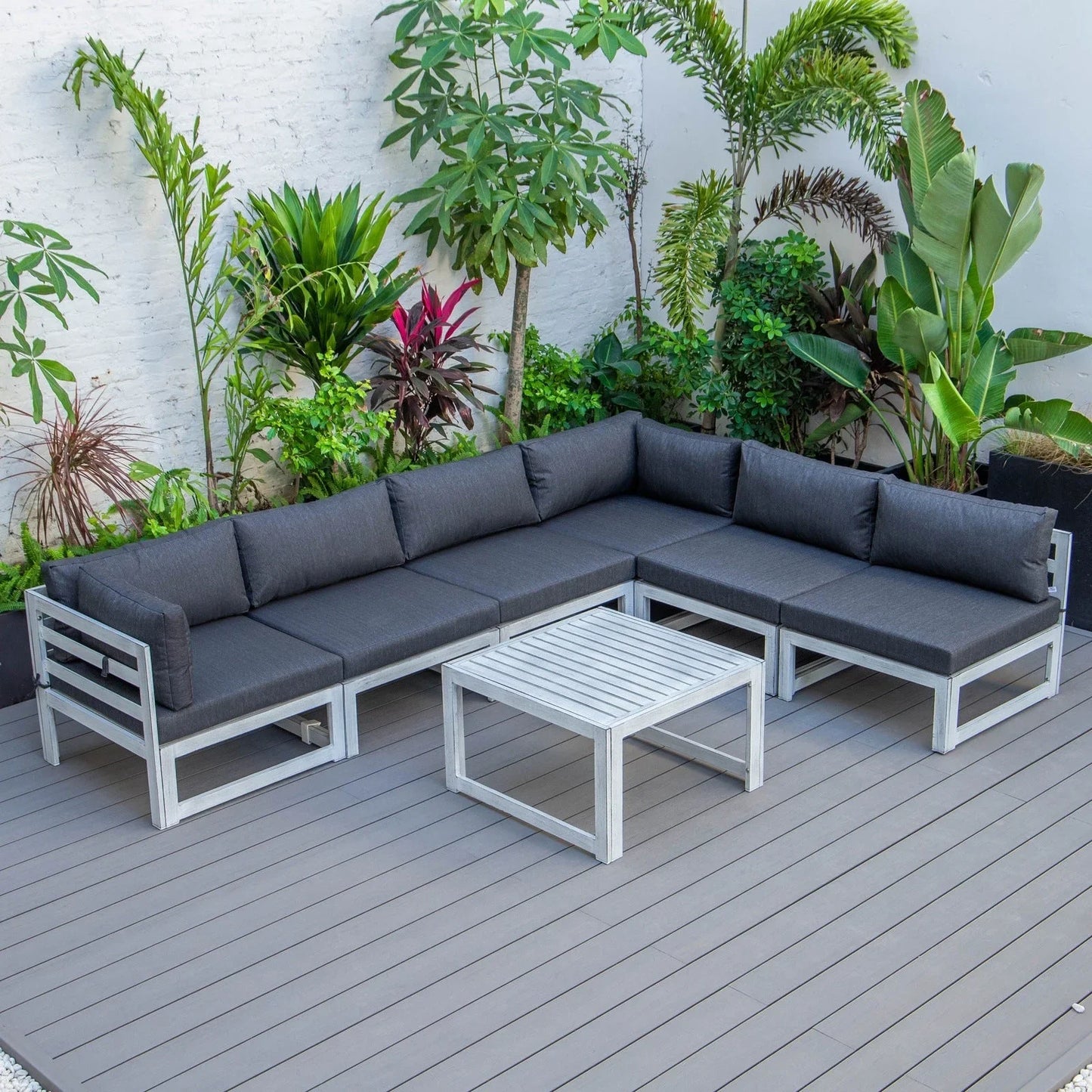 Chelsea 7-Piece Patio Sectional And Coffee Table Set In Weathered Grey Aluminum With Cushions - Elax Furniture