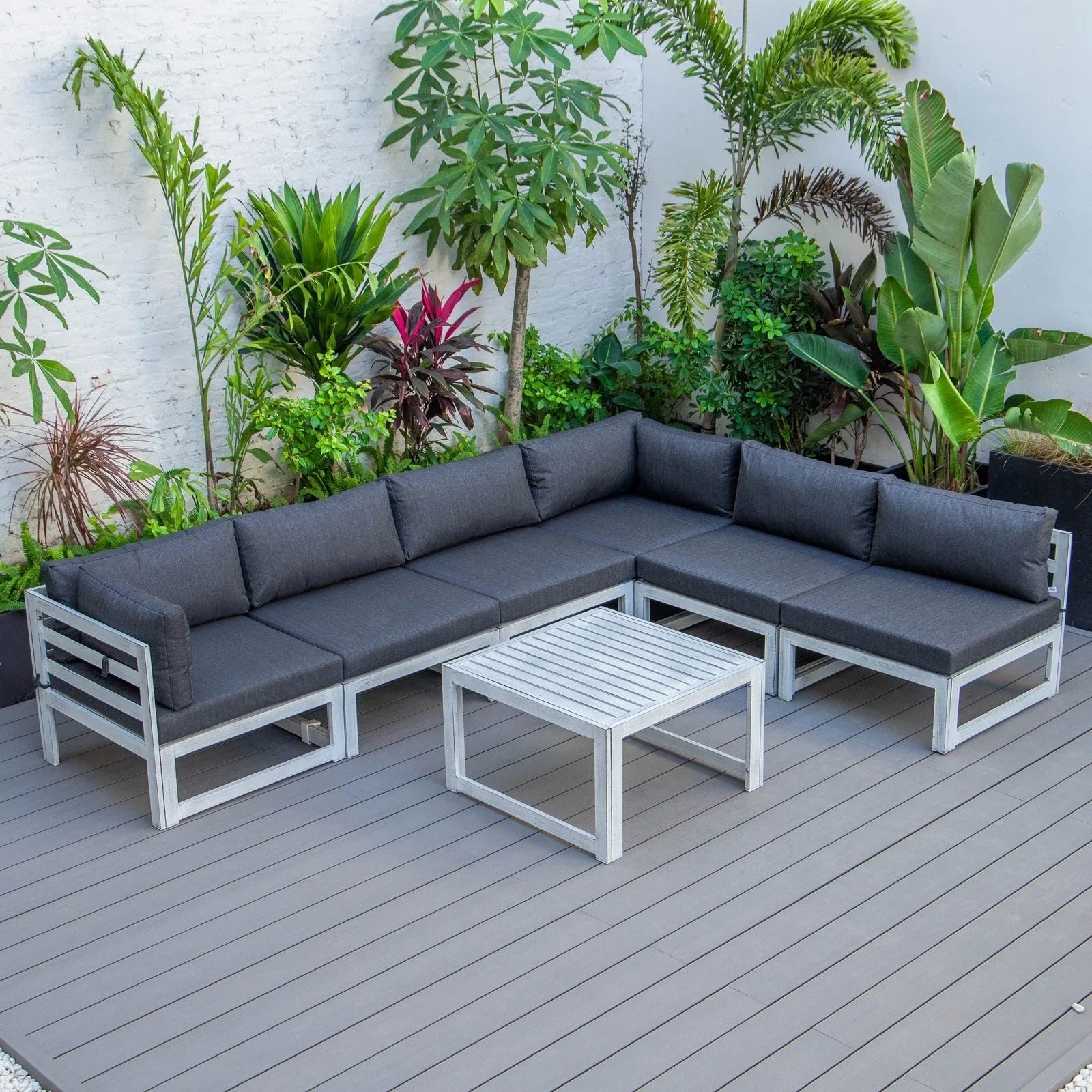 Chelsea 7-Piece Patio Sectional And Coffee Table Set In Weathered Grey Aluminum With Cushions - Elax Furniture