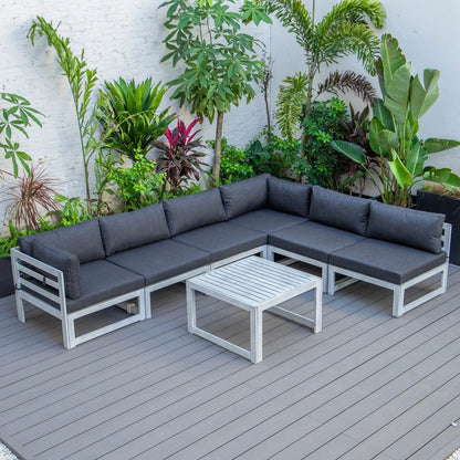 Chelsea 7-Piece Patio Sectional And Coffee Table Set In Weathered Grey Aluminum With Cushions - Elax Furniture