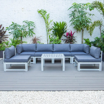 Chelsea 7-Piece Patio Sectional And Coffee Table Set In Weathered Grey Aluminum With Cushions - Elax Furniture