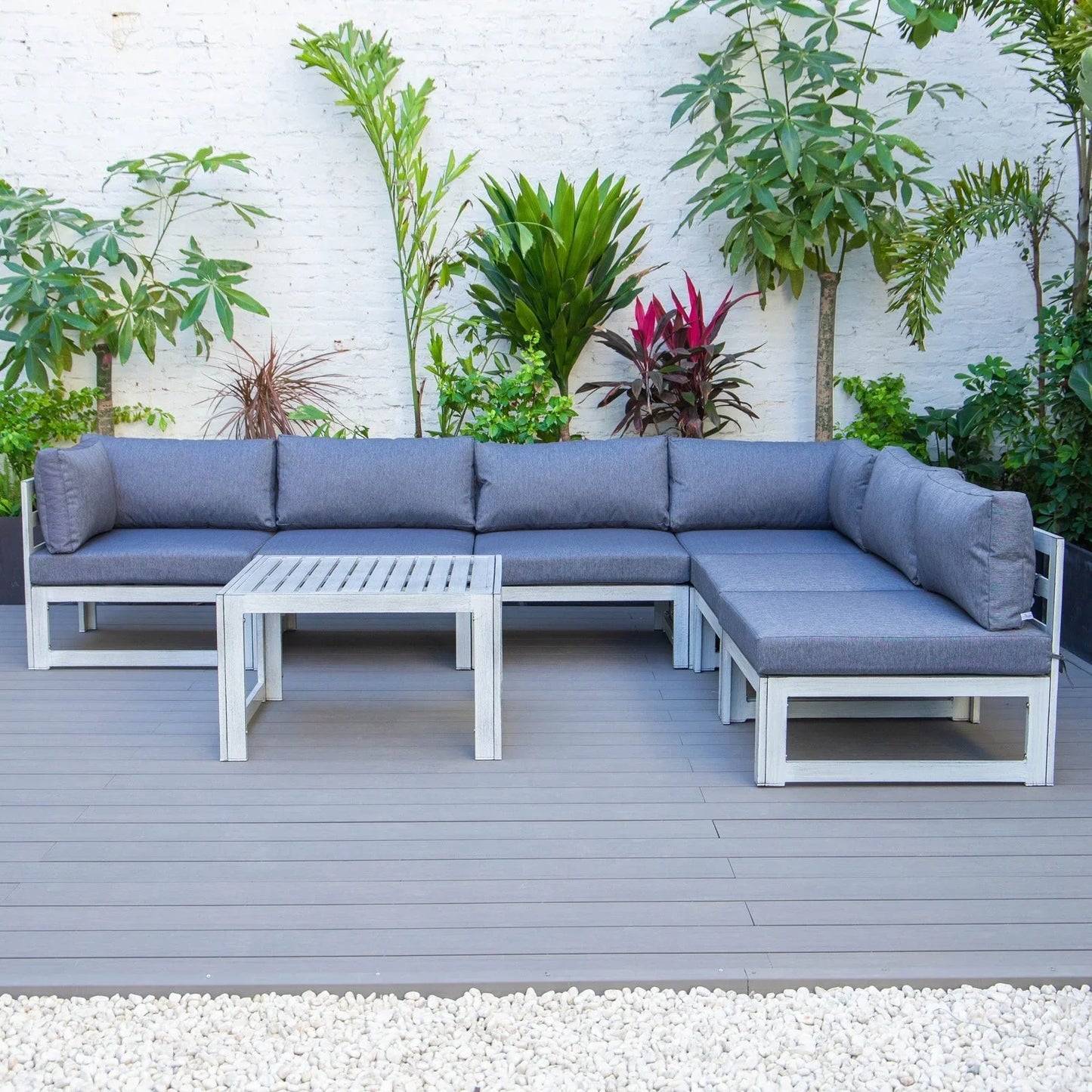 Chelsea 7-Piece Patio Sectional And Coffee Table Set In Weathered Grey Aluminum With Cushions - Elax Furniture