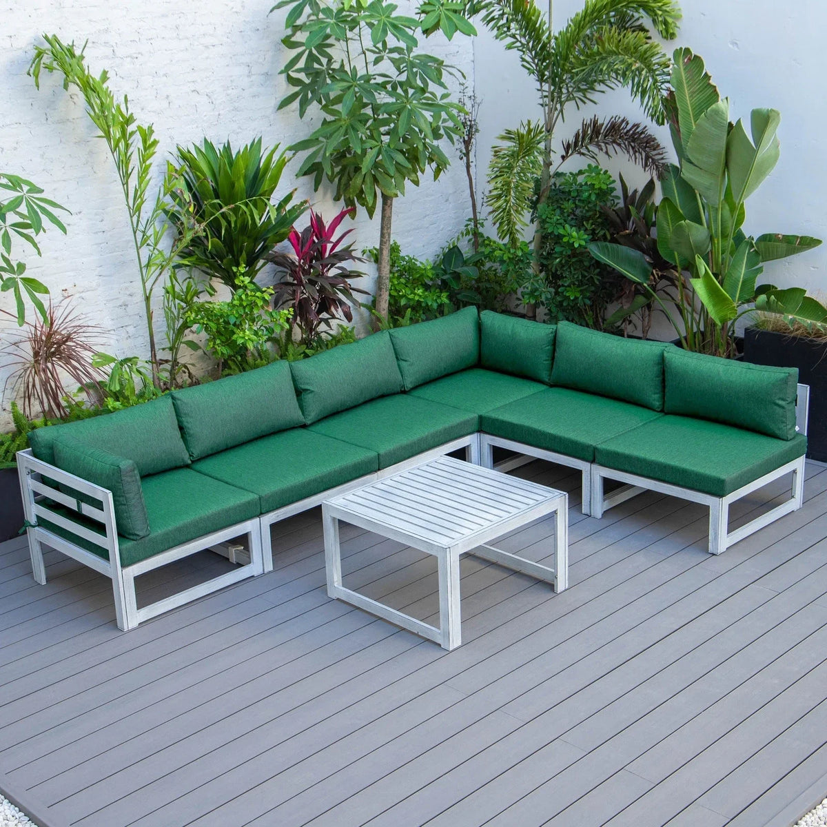 Chelsea 7-Piece Patio Sectional And Coffee Table Set In Weathered Grey Aluminum With Cushions - Elax Furniture