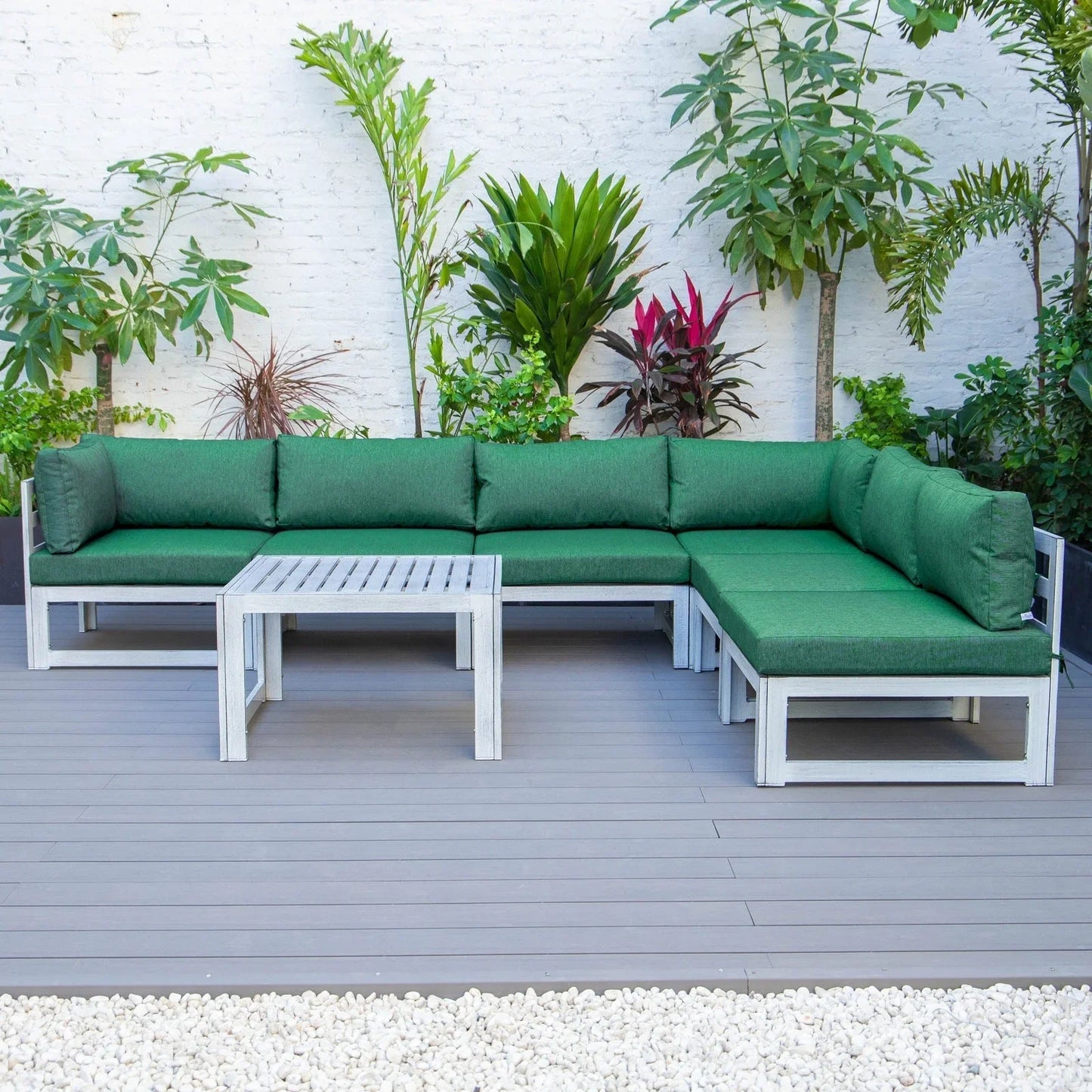 Chelsea 7-Piece Patio Sectional And Coffee Table Set In Weathered Grey Aluminum With Cushions - Elax Furniture