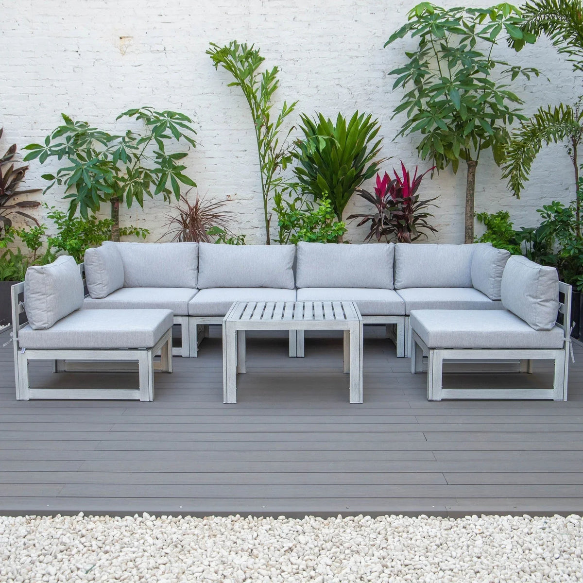 Chelsea 7-Piece Patio Sectional And Coffee Table Set In Weathered Grey Aluminum With Cushions - Elax Furniture