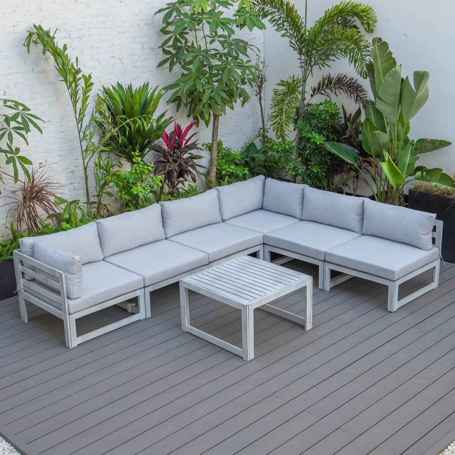 Chelsea 7-Piece Patio Sectional And Coffee Table Set In Weathered Grey Aluminum With Cushions - Elax Furniture