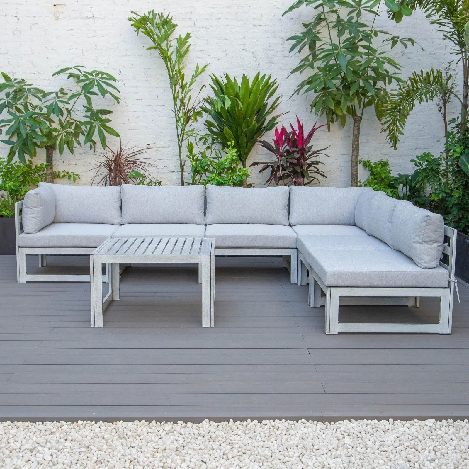Chelsea 7-Piece Patio Sectional And Coffee Table Set In Weathered Grey Aluminum With Cushions - Elax Furniture