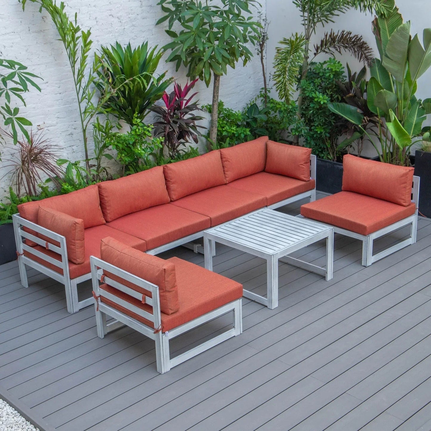 Chelsea 7-Piece Patio Sectional And Coffee Table Set In Weathered Grey Aluminum With Cushions - Elax Furniture