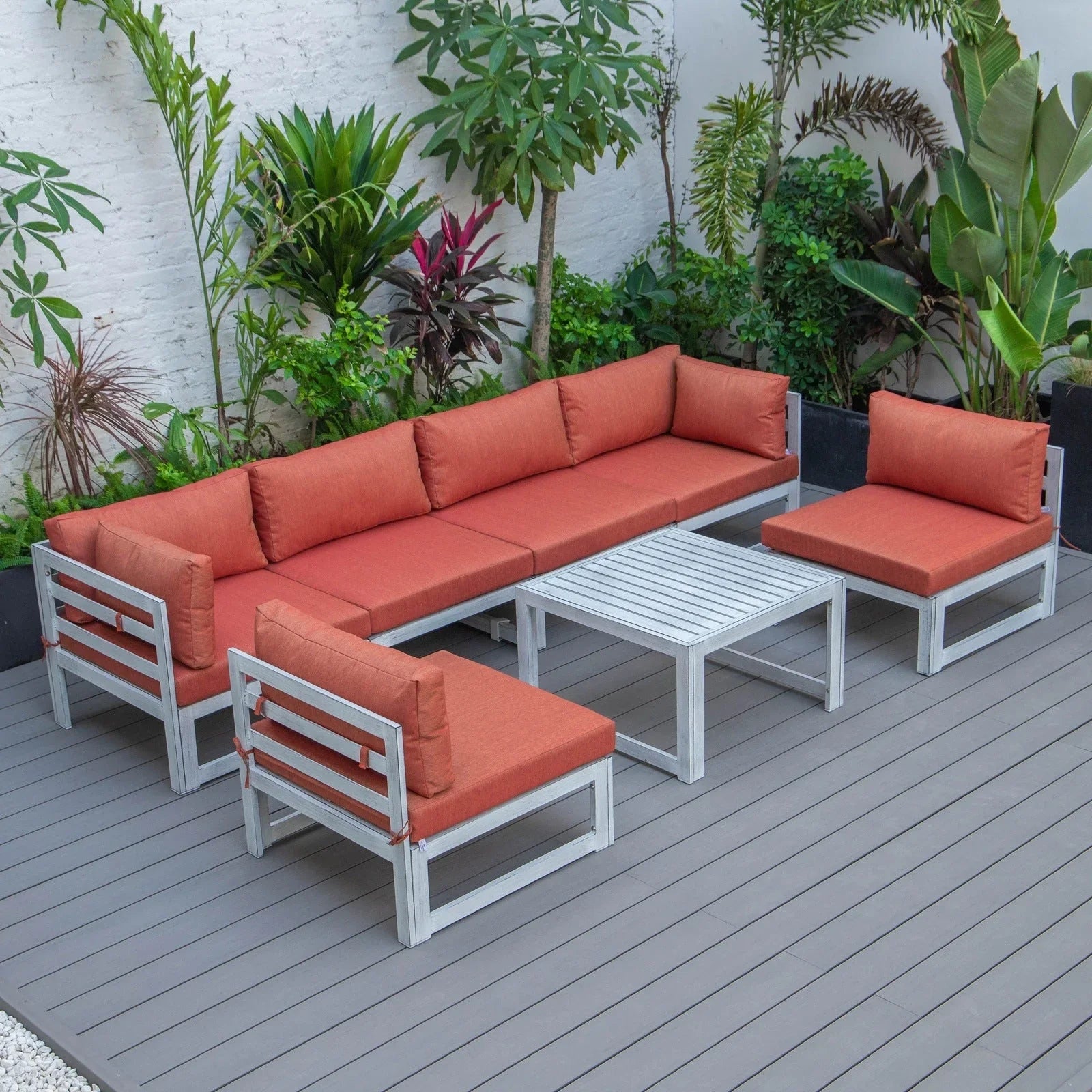 Chelsea 7-Piece Patio Sectional And Coffee Table Set In Weathered Grey Aluminum With Cushions - Elax Furniture