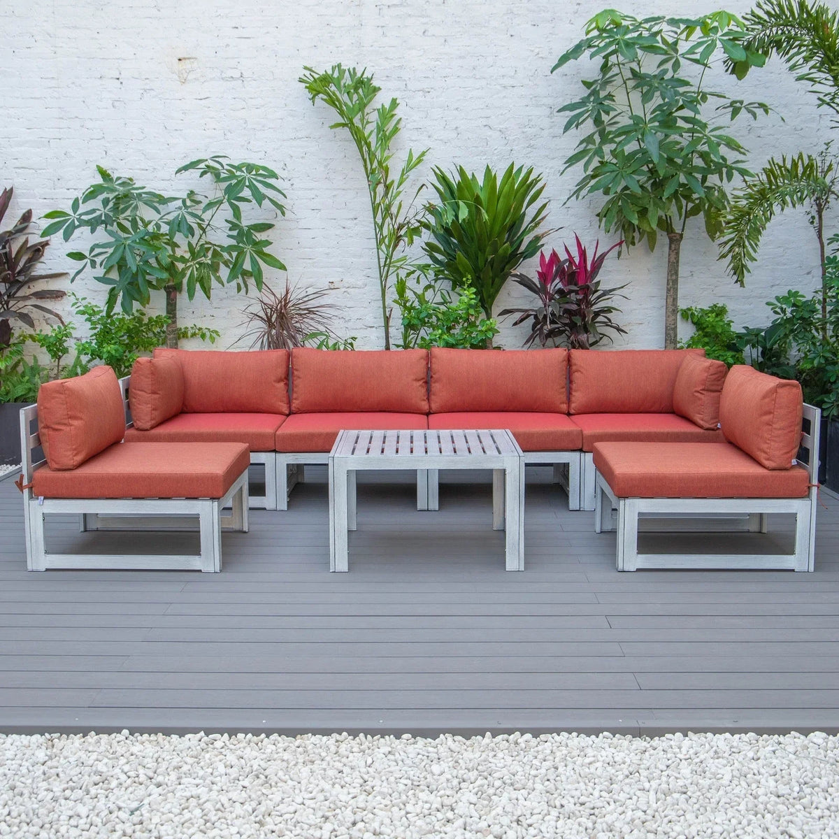 Chelsea 7-Piece Patio Sectional And Coffee Table Set In Weathered Grey Aluminum With Cushions - Elax Furniture