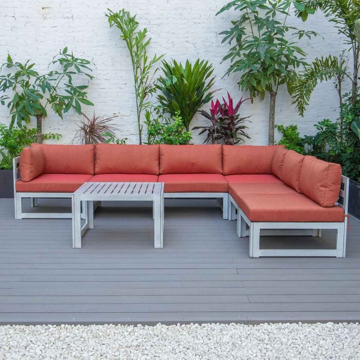 Chelsea 7-Piece Patio Sectional And Coffee Table Set In Weathered Grey Aluminum With Cushions - Elax Furniture