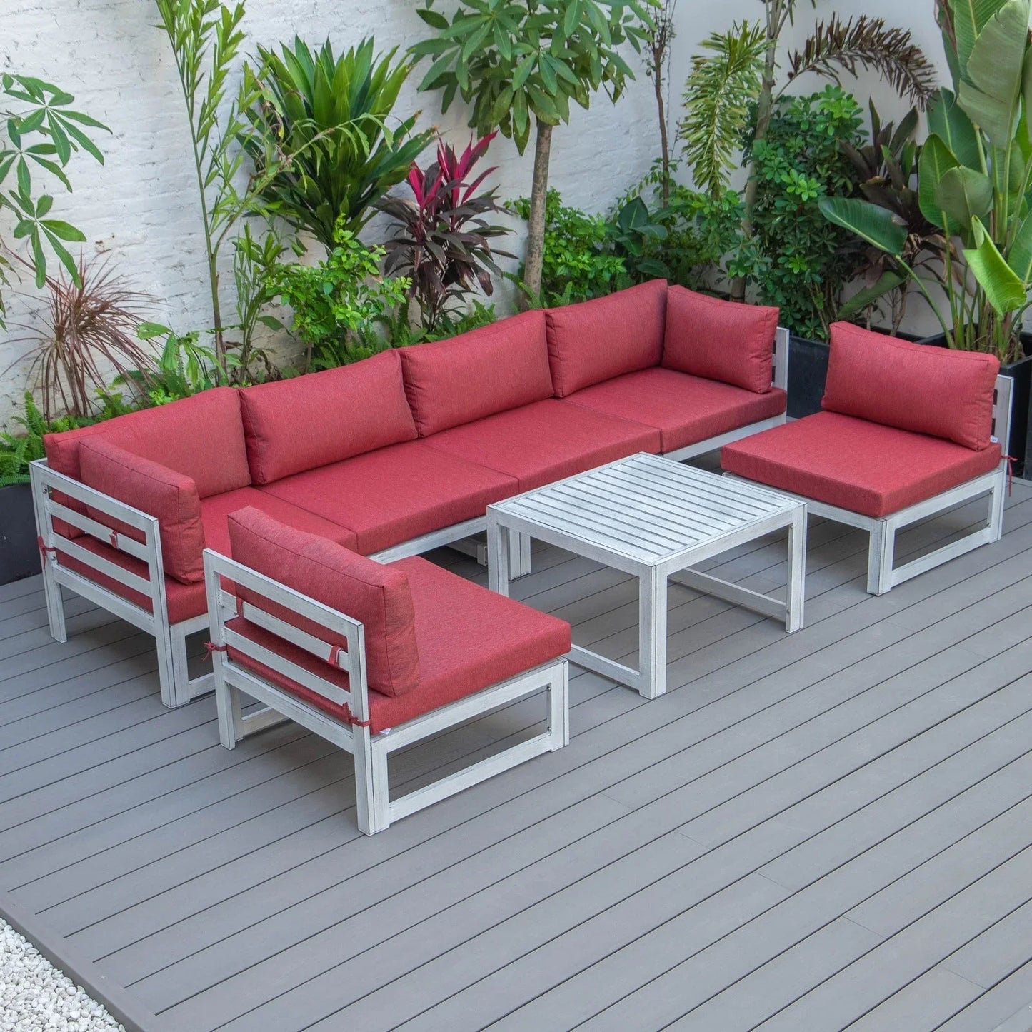 Chelsea 7-Piece Patio Sectional And Coffee Table Set In Weathered Grey Aluminum With Cushions - Elax Furniture