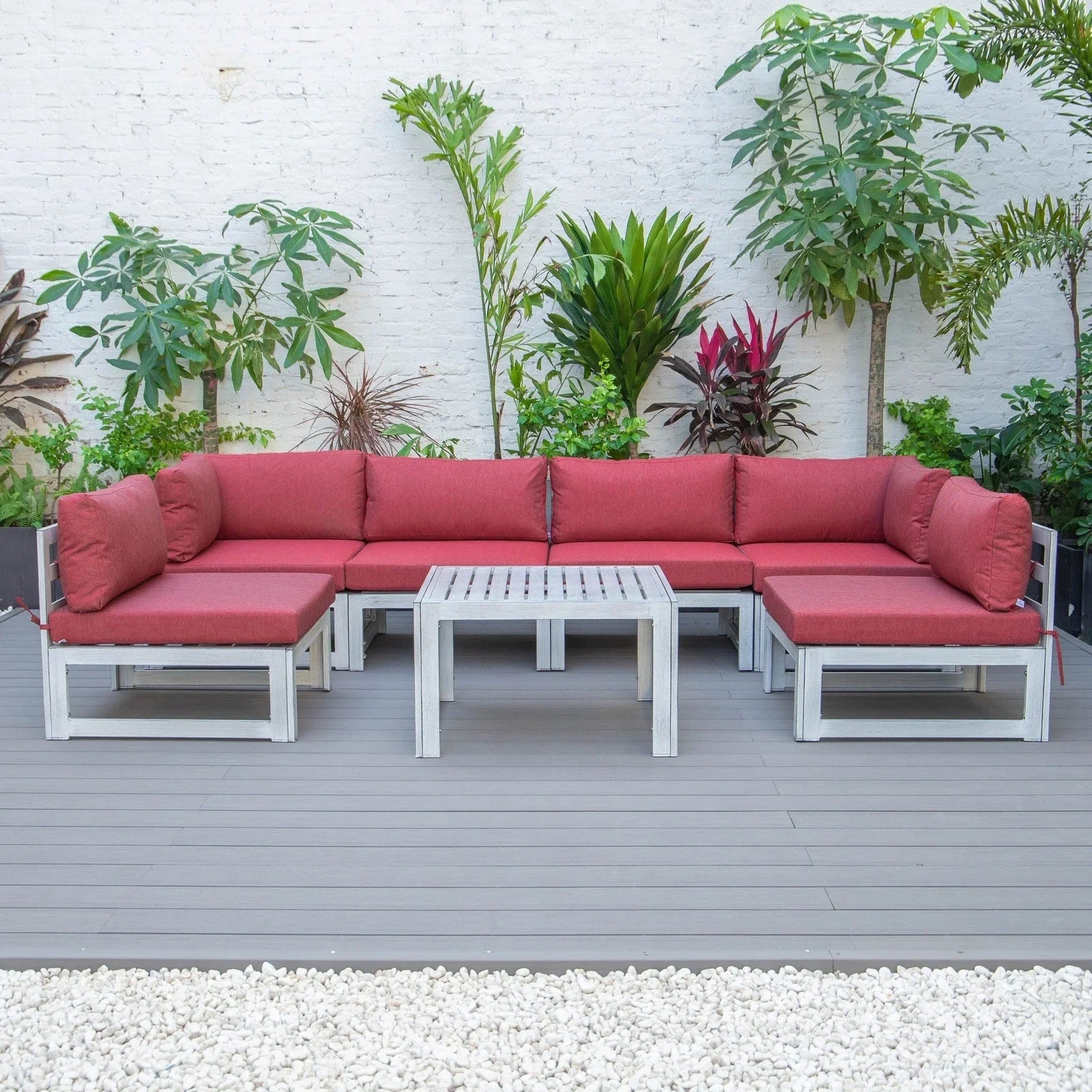 Chelsea 7-Piece Patio Sectional And Coffee Table Set In Weathered Grey Aluminum With Cushions - Elax Furniture