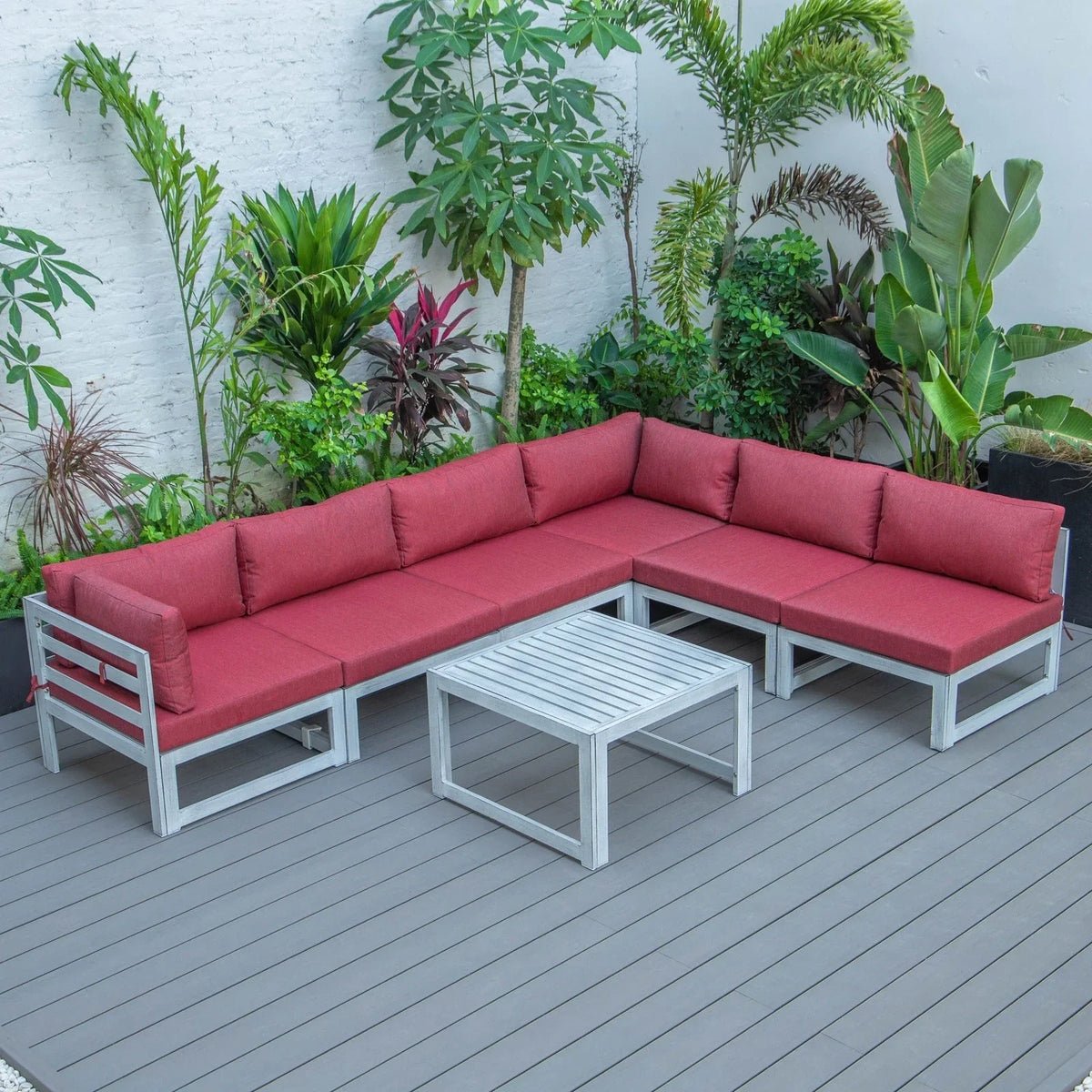 Chelsea 7-Piece Patio Sectional And Coffee Table Set In Weathered Grey Aluminum With Cushions - Elax Furniture