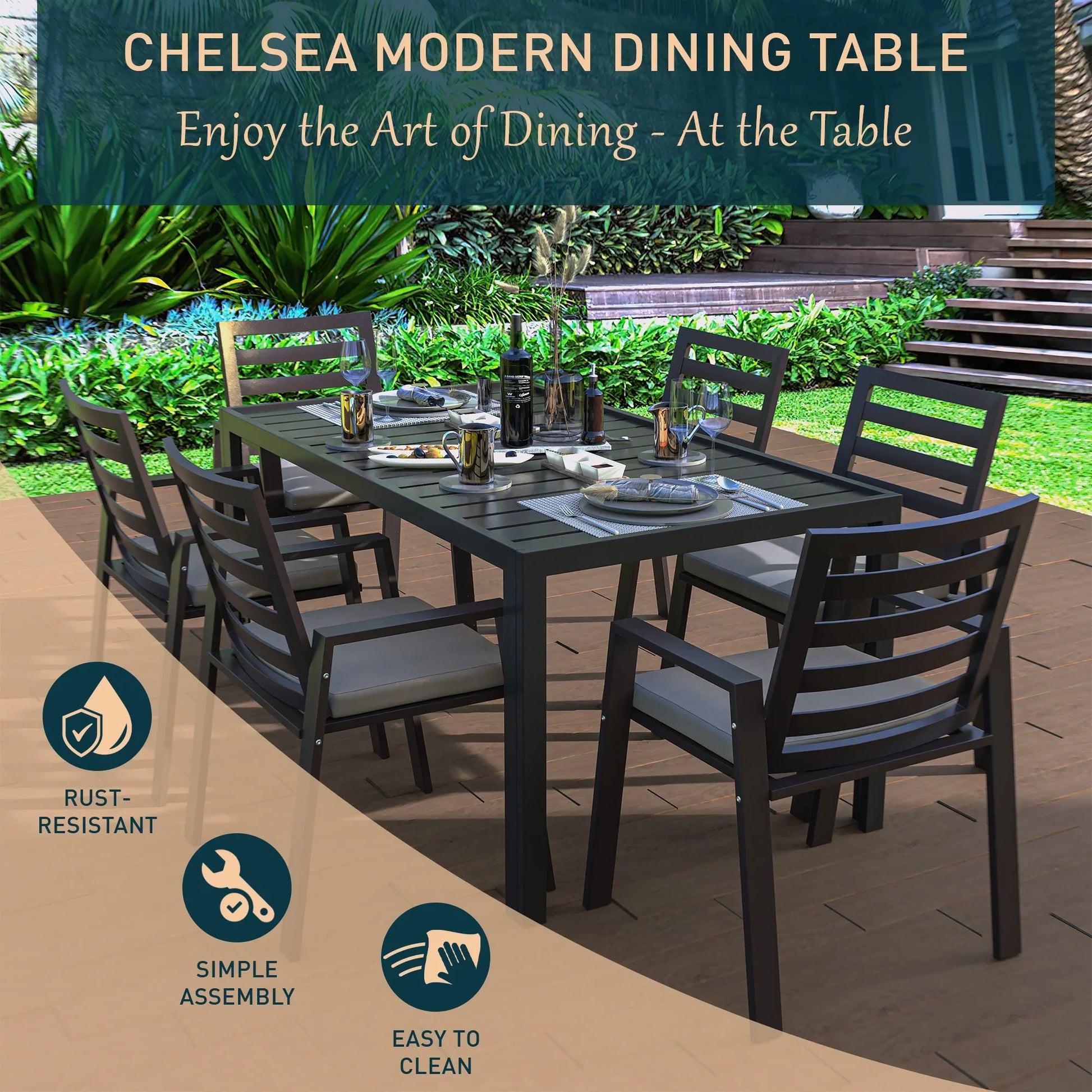 Chelsea Mid-Century Modern 63" & 87" Rectangular Outdoor Dining Table, Black Aluminum - Elax Furniture