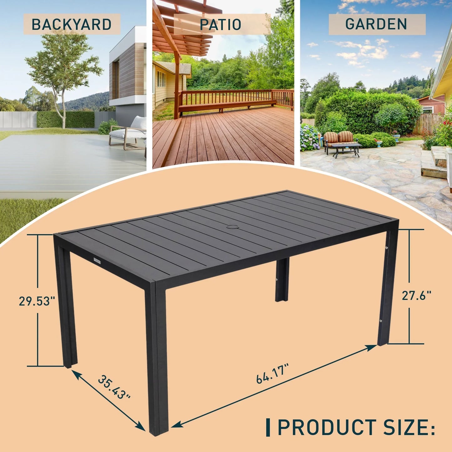 Chelsea Mid-Century Modern 63" & 87" Rectangular Outdoor Dining Table, Black Aluminum - Elax Furniture