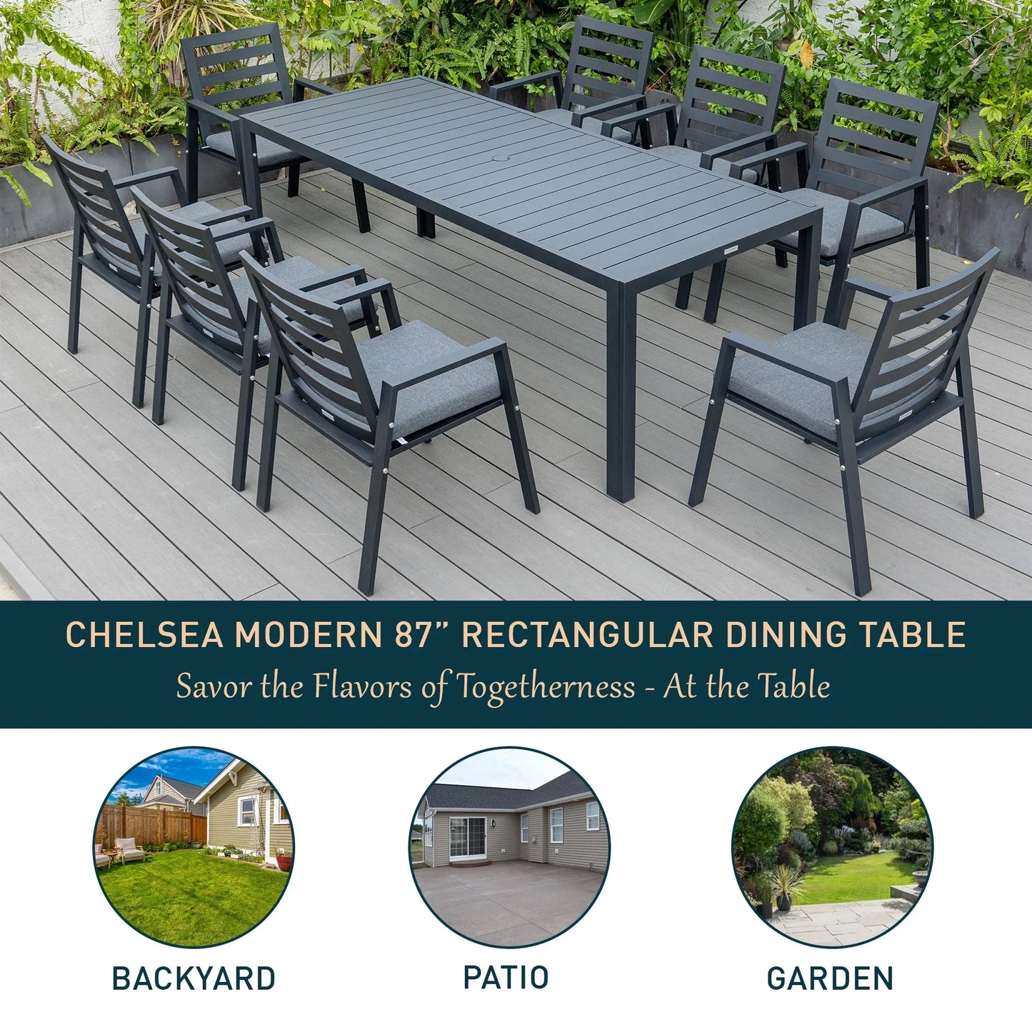 Chelsea Mid-Century Modern 63" & 87" Rectangular Outdoor Dining Table, Black Aluminum - Elax Furniture